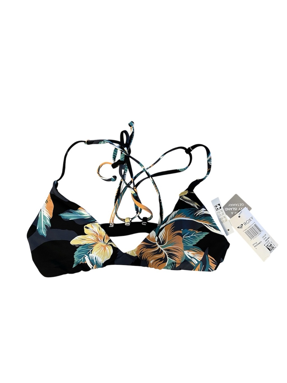 Roxy Black Floral Triangle Bikini Top with Yellow and Teal Leaves